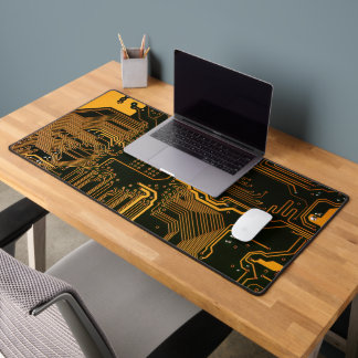 Cyber Orange PCB Circuit Board Trace Pattern Art Desk Mat