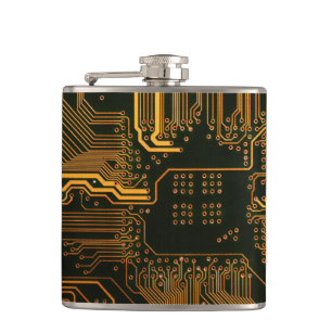 Cyber Orange PCB Circuit Board Trace Pattern Art Flask