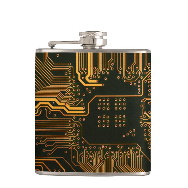 Cyber Orange PCB Circuit Board Trace Pattern Art Flask (Front)