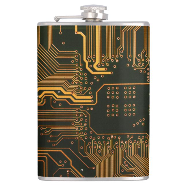 Cyber Orange PCB Circuit Board Trace Pattern Art Flask (Front)