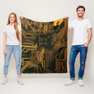 Cyber Orange PCB Circuit Board Trace Pattern Art Fleece Blanket