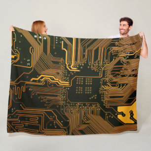 Cyber Orange PCB Circuit Board Trace Pattern Art Fleece Blanket