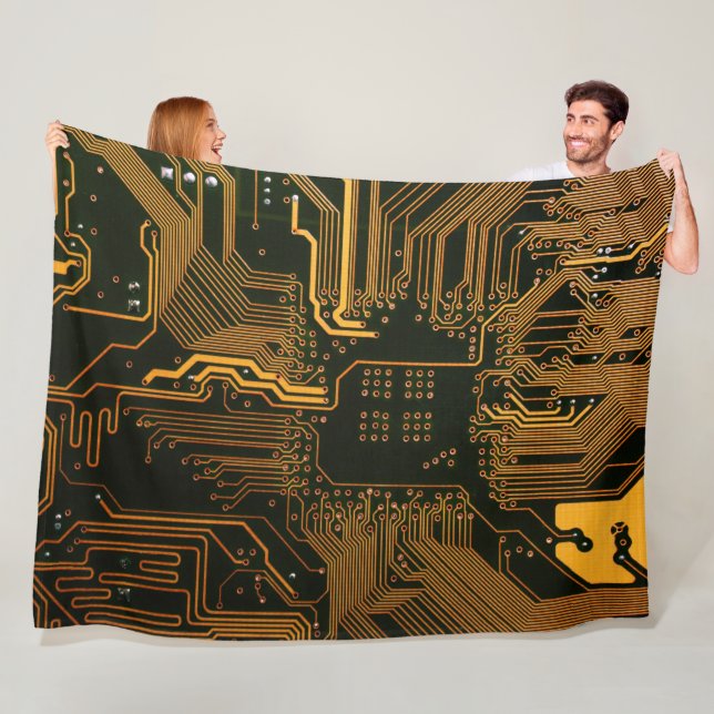 Cyber Orange PCB Circuit Board Trace Pattern Art Fleece Blanket (In Situ)