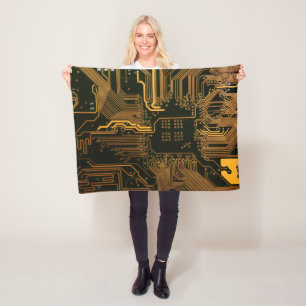 Cyber Orange PCB Circuit Board Trace Pattern Art Fleece Blanket