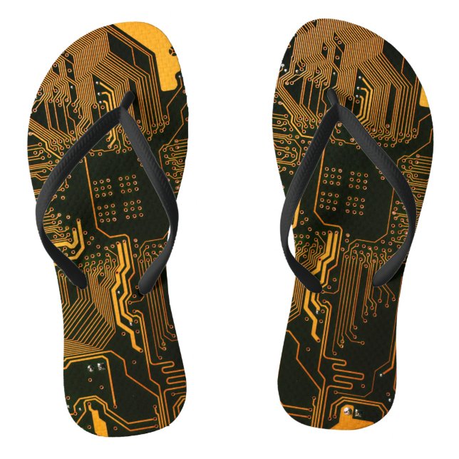 Cyber Orange PCB Circuit Board Trace Pattern Art Flip Flops (Footbed)