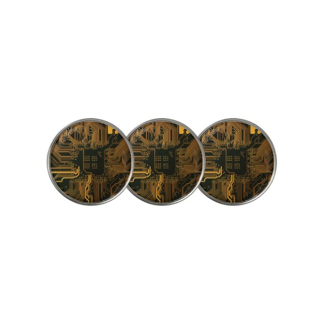 Cyber Orange PCB Circuit Board Trace Pattern Art Golf Ball Marker (3 Up)