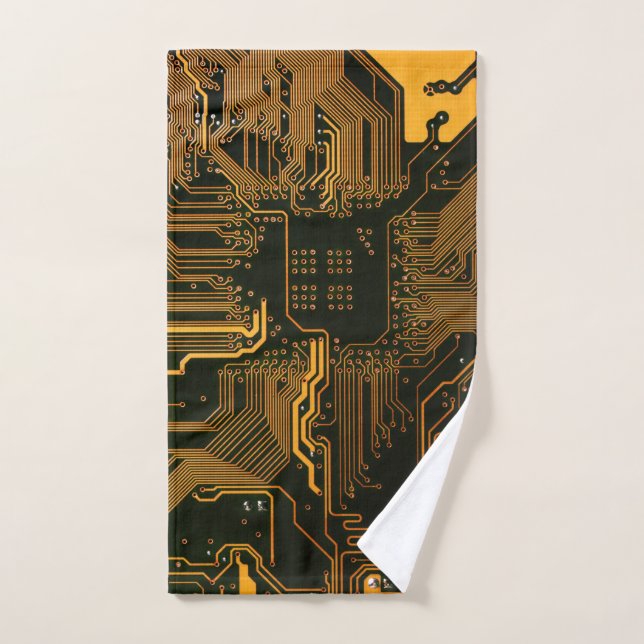 Cyber Orange PCB Circuit Board Trace Pattern Art Hand Towel (Hand Towel)