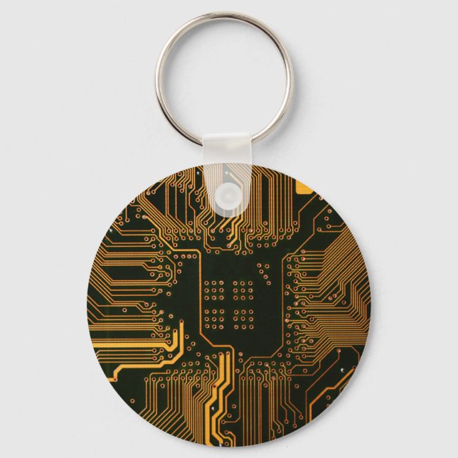Cyber Orange PCB Circuit Board Trace Pattern Art Keychain (Front)