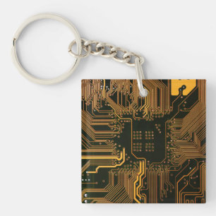 Cyber Orange PCB Circuit Board Trace Pattern Art Keychain