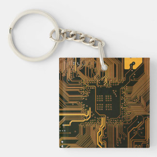 Cyber Orange PCB Circuit Board Trace Pattern Art Keychain