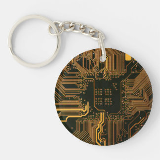 Cyber Orange PCB Circuit Board Trace Pattern Art Keychain