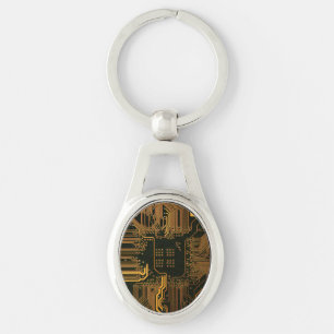 Cyber Orange PCB Circuit Board Trace Pattern Art Keychain