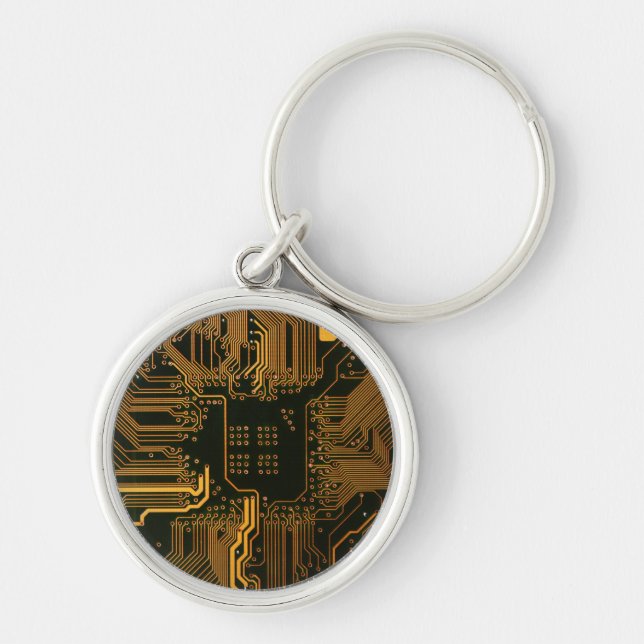 Cyber Orange PCB Circuit Board Trace Pattern Art Keychain (Front)