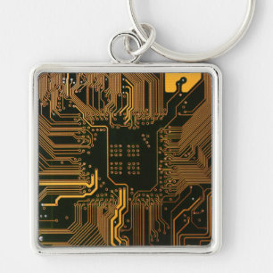 Cyber Orange PCB Circuit Board Trace Pattern Art Keychain