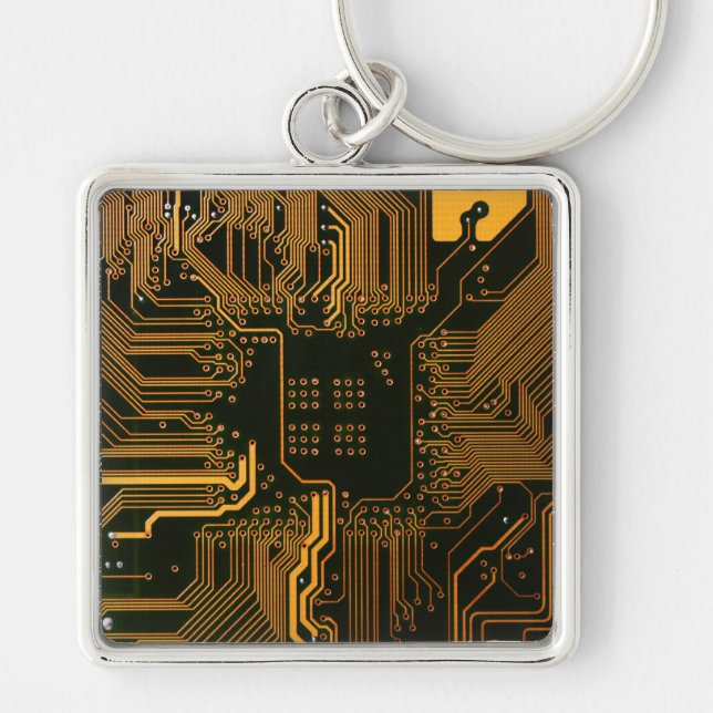 Cyber Orange PCB Circuit Board Trace Pattern Art Keychain (Front)