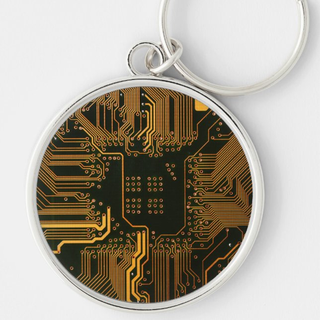 Cyber Orange PCB Circuit Board Trace Pattern Art Keychain (Front)