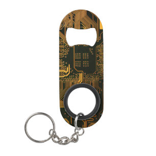 Cyber Orange PCB Circuit Board Trace Pattern Art Keychain Bottle Opener