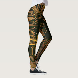 Cyber Orange PCB Circuit Board Trace Pattern Art Leggings