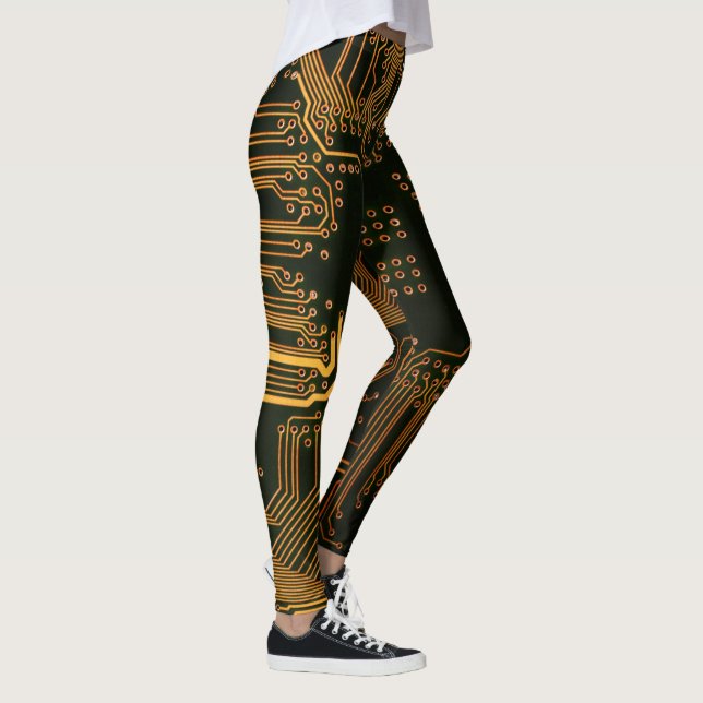 Cyber Orange PCB Circuit Board Trace Pattern Art Leggings (Right)