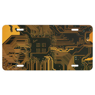Cyber Orange PCB Circuit Board Trace Pattern Art License Plate