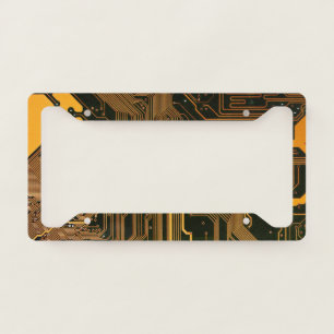 Cyber Orange PCB Circuit Board Trace Pattern Art License Plate Frame