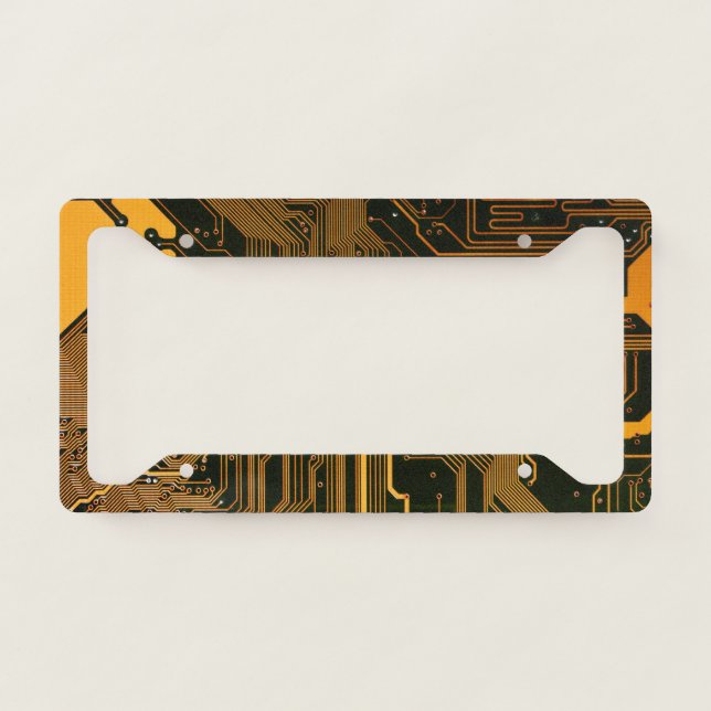 Cyber Orange PCB Circuit Board Trace Pattern Art License Plate Frame (Front)