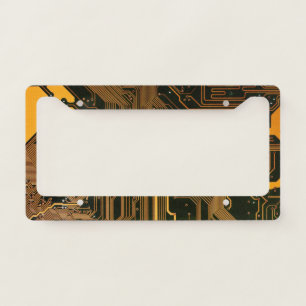 Cyber Orange PCB Circuit Board Trace Pattern Art License Plate Frame