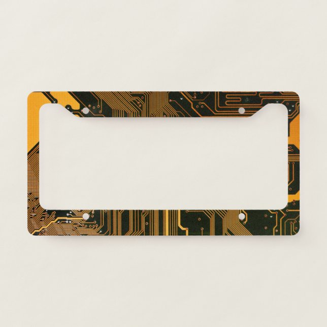 Cyber Orange PCB Circuit Board Trace Pattern Art License Plate Frame (Front)