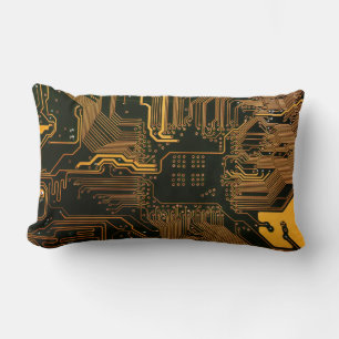 Cyber Orange PCB Circuit Board Trace Pattern Art Lumbar Pillow