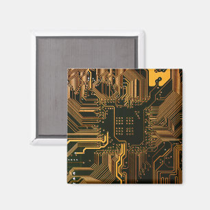 Cyber Orange PCB Circuit Board Trace Pattern Art Magnet
