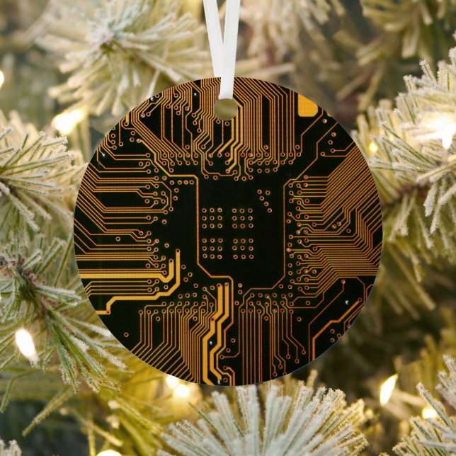 Cyber Orange PCB Circuit Board Trace Pattern Art Metal Ornament (Insitu)