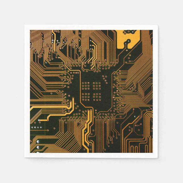 Cyber Orange PCB Circuit Board Trace Pattern Art Napkins (Front)