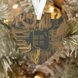 Cyber Orange PCB Circuit Board Trace Pattern Art Ornament