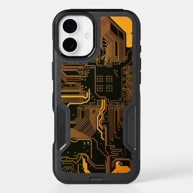 Cyber Orange PCB Circuit Board Trace Pattern Art Otterbox iPhone Case (Back)