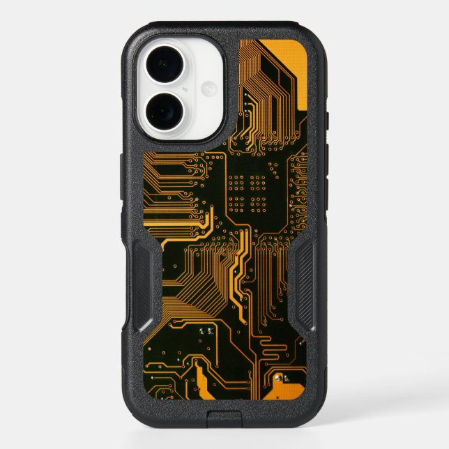 Cyber Orange PCB Circuit Board Trace Pattern Art Otterbox iPhone Case (Back)