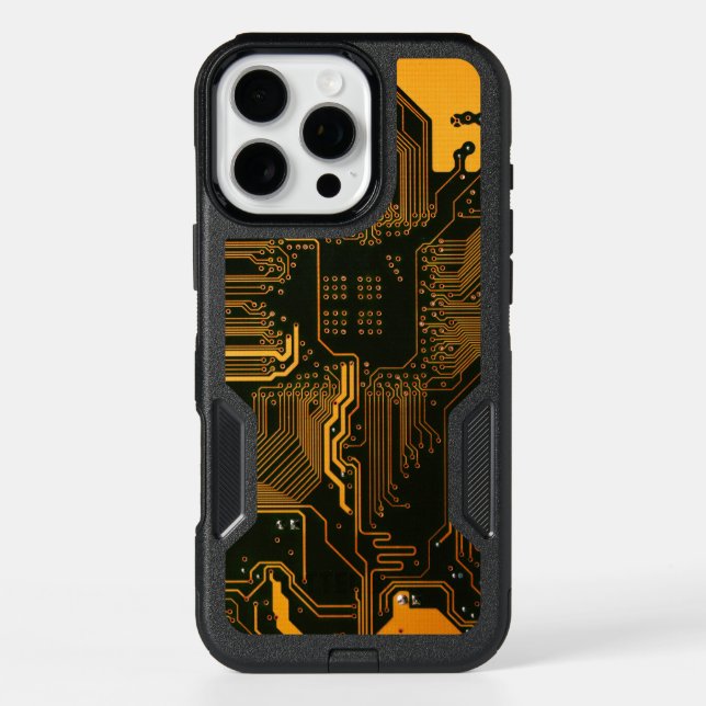 Cyber Orange PCB Circuit Board Trace Pattern Art Otterbox iPhone Case (Back)