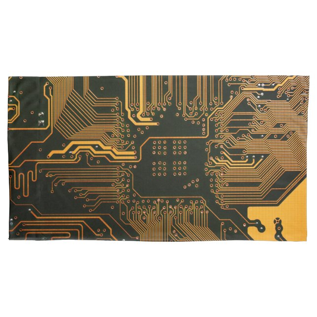 Cyber Orange PCB Circuit Board Trace Pattern Art Pillow Case (Front)