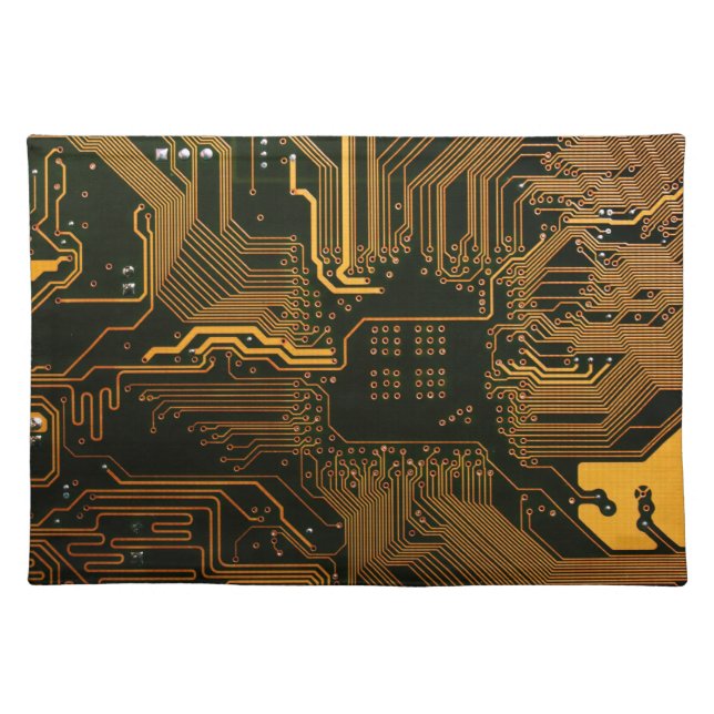 Cyber Orange PCB Circuit Board Trace Pattern Art Placemat (Front)