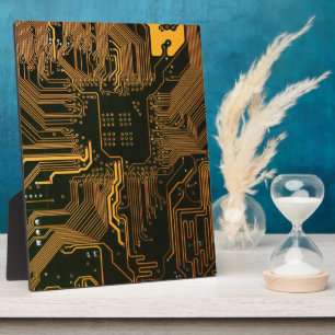 Cyber Orange PCB Circuit Board Trace Pattern Art Plaque