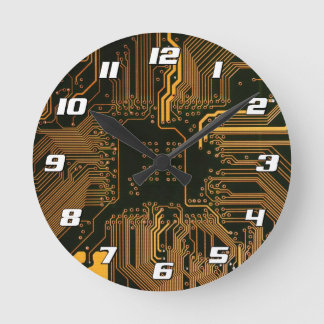 Cyber Orange PCB Circuit Board Trace Pattern Art Round Clock