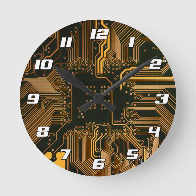 Cyber Orange PCB Circuit Board Trace Pattern Art Round Clock (Front)