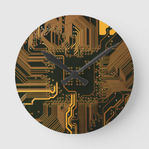 Cyber Orange PCB Circuit Board Trace Pattern Art Round Clock