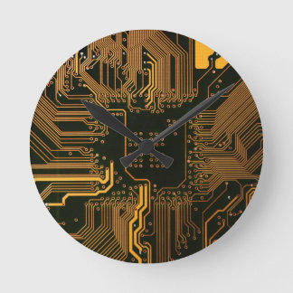Cyber Orange PCB Circuit Board Trace Pattern Art Round Clock