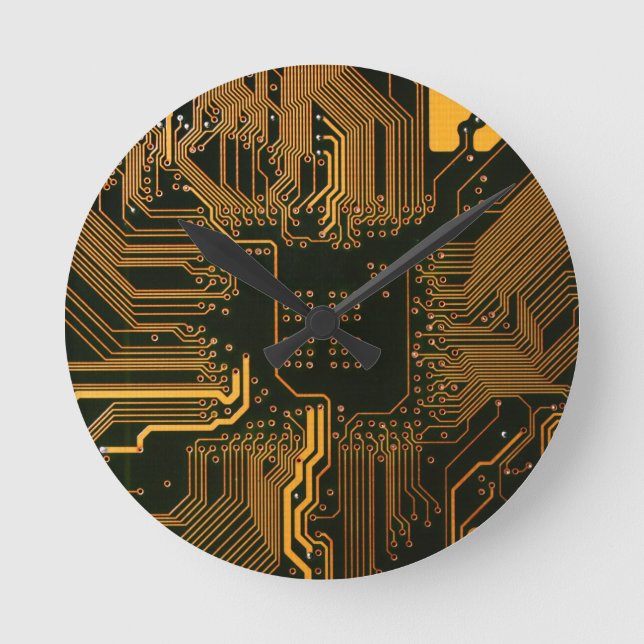 Cyber Orange PCB Circuit Board Trace Pattern Art Round Clock (Front)