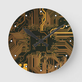 Cyber Orange PCB Circuit Board Trace Pattern Art Round Clock
