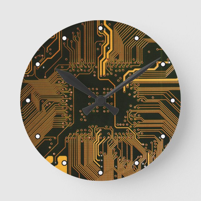 Cyber Orange PCB Circuit Board Trace Pattern Art Round Clock (Front)