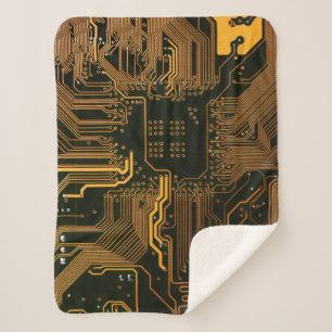 Cyber Orange PCB Circuit Board Trace Pattern Art Sherpa Blanket