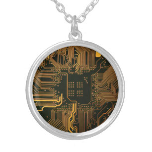 Cyber Orange PCB Circuit Board Trace Pattern Art Silver Plated Necklace