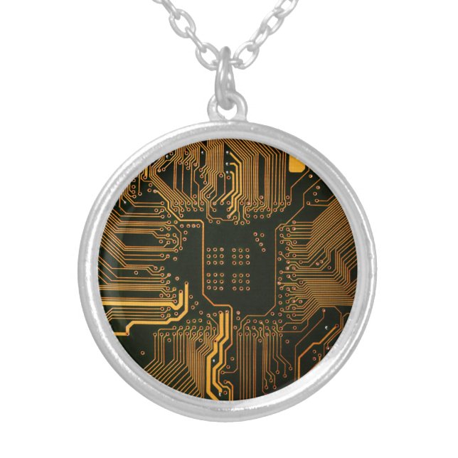 Cyber Orange PCB Circuit Board Trace Pattern Art Silver Plated Necklace (Front)