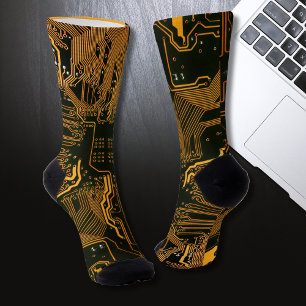 Cyber Orange PCB Circuit Board Trace Pattern Art Socks
